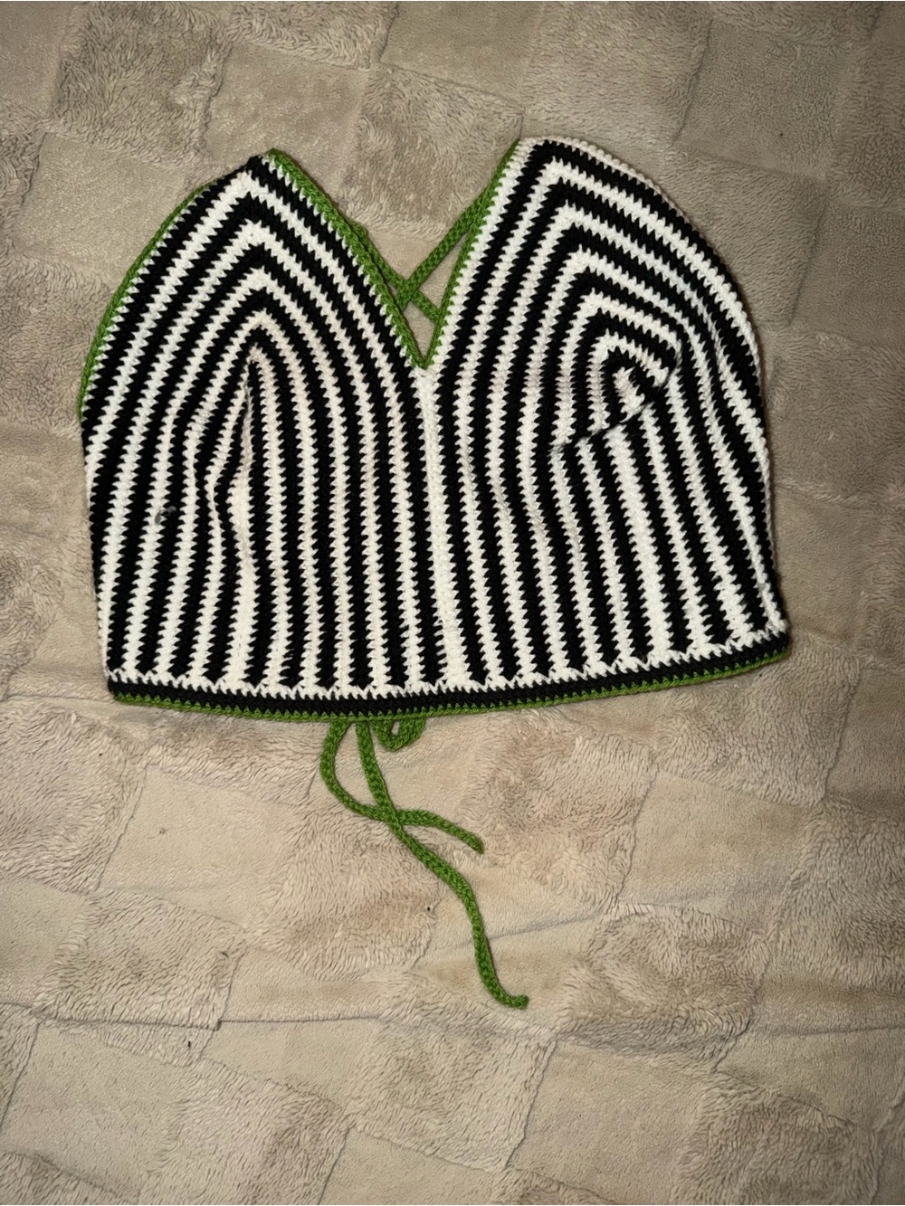 Striped Crochet Black & White Crop Top with Green Trim